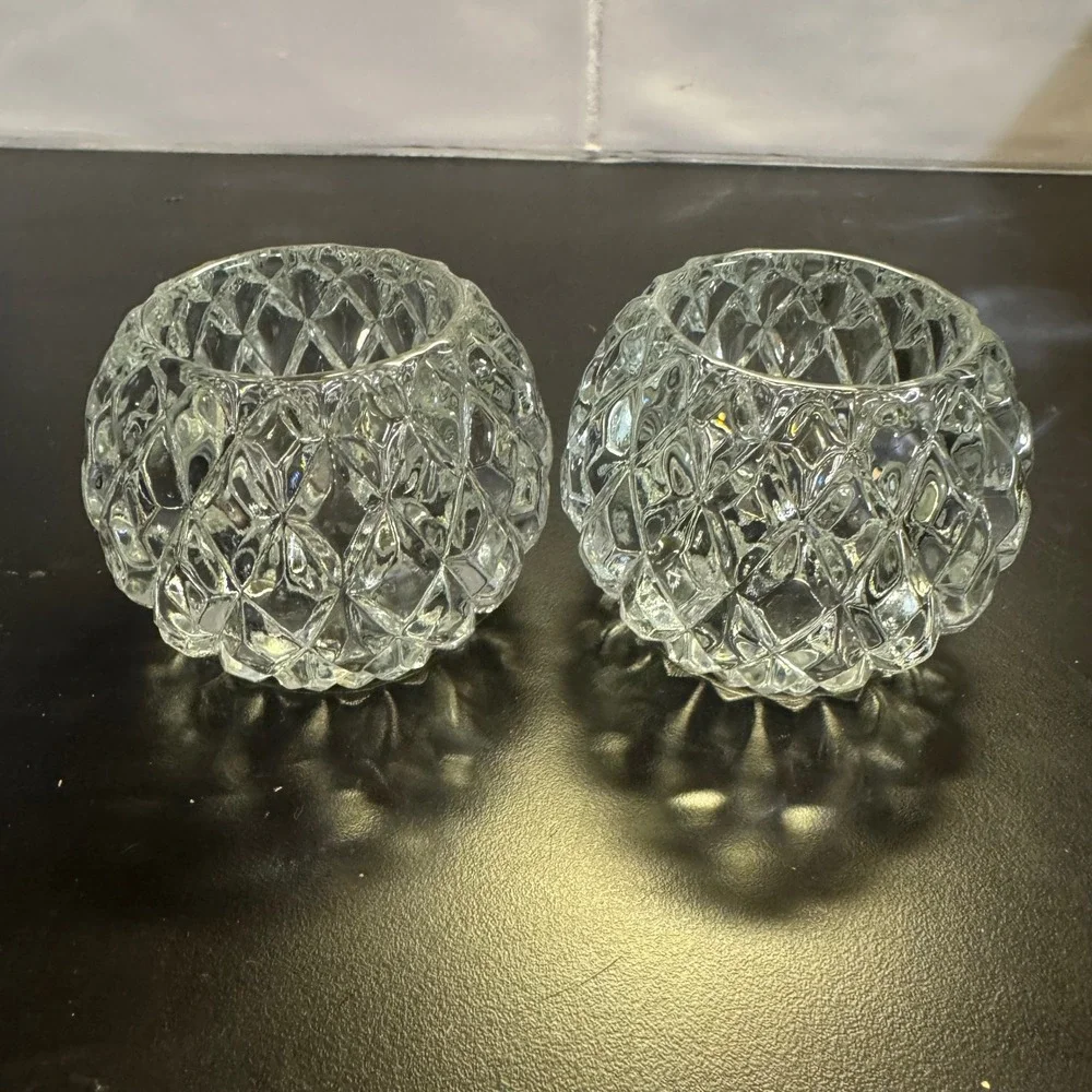 Diamond Point Cut Glass Votive Candle Holders Set of 2 Clear Vintage Style 3in